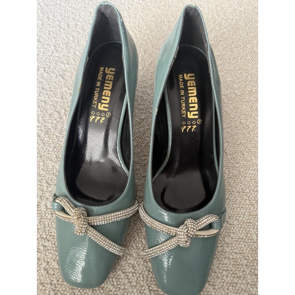 Yemeny Sage Green Patent Leather Rhinestone Bow Flared Kitten Heels Size 37